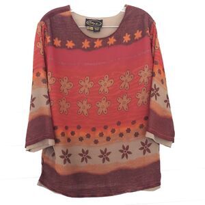 Alex Kim Tunic Top Medium Blouse Red Tan Floral Fall Colors